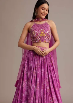 Purple Hand Embroidered Choli With Bandhani Print Lehenga And Choker Net Dupatta