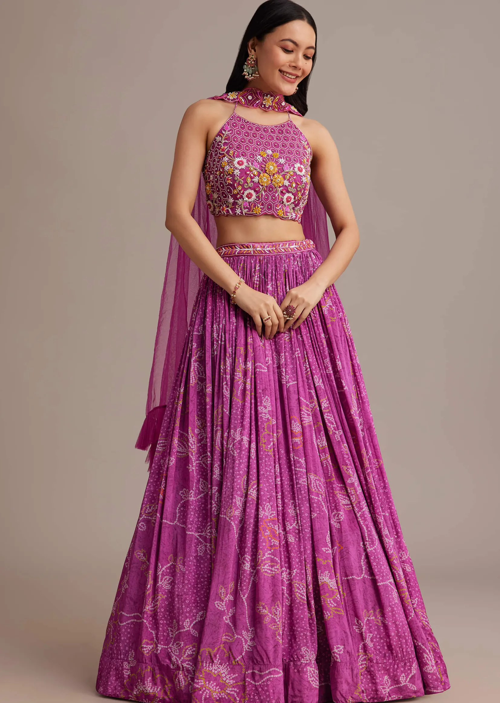 Purple Hand Embroidered Choli With Bandhani Print Lehenga And Choker Net Dupatta
