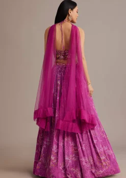 Purple Hand Embroidered Choli With Bandhani Print Lehenga And Choker Net Dupatta