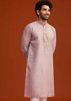 Purple Hand Embroidered Kurta And Pant Set In Linen