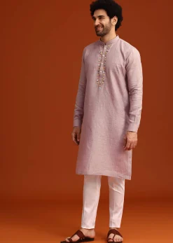 Purple Hand Embroidered Kurta And Pant Set In Linen