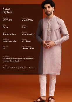 Purple Hand Embroidered Kurta And Pant Set In Linen