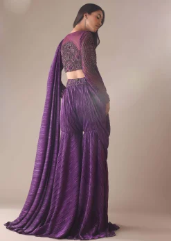 Purple Hand Embroidered Sharara And Blouse Set In Crushed Shimmer