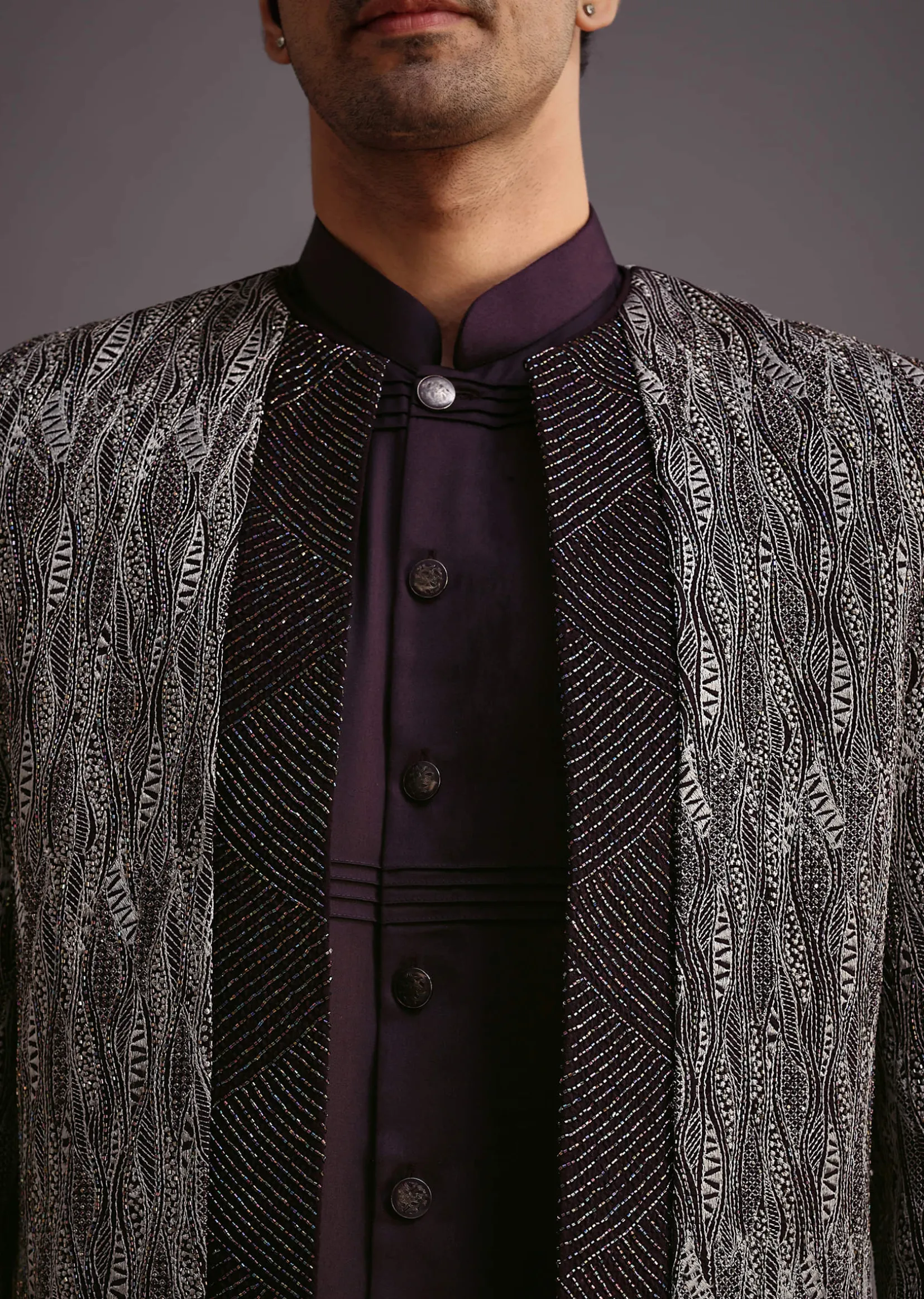 Purple Hand Work Jacket Kurta Set