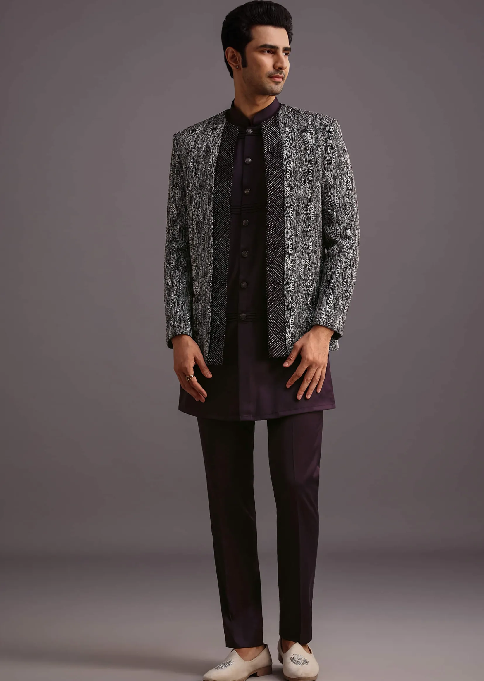 Purple Hand Work Jacket Kurta Set