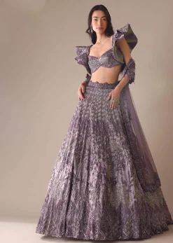 Purple Heavy Geometric Bridal Lehenga With Fancy Sleeves