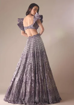 Purple Heavy Geometric Bridal Lehenga With Fancy Sleeves