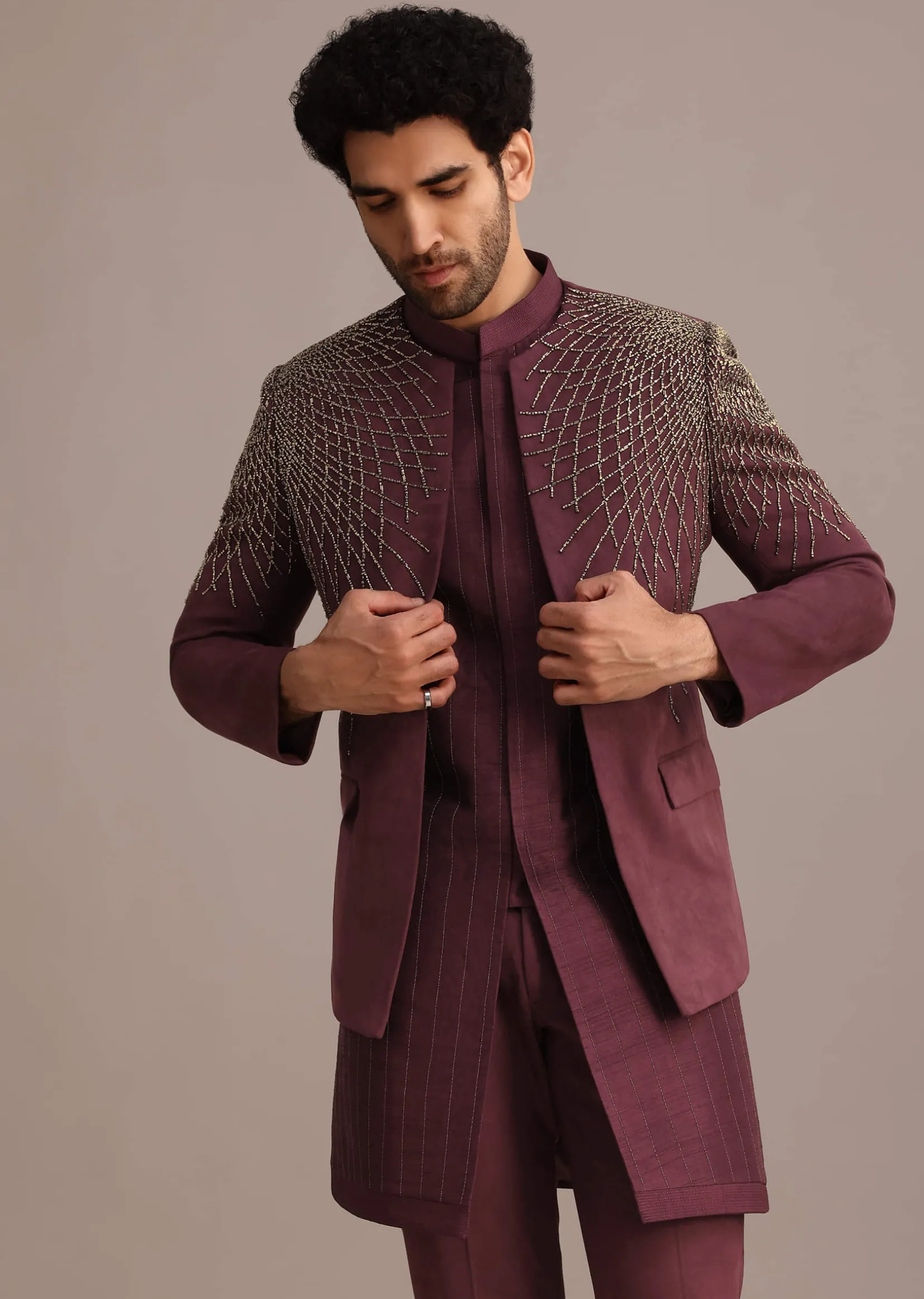 Purple Jacquard Indo Western Set With Zardozi Embroidery