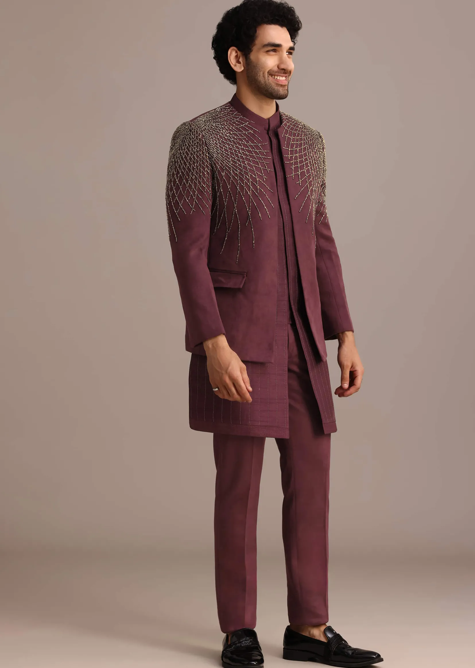 Purple Jacquard Indo Western Set With Zardozi Embroidery