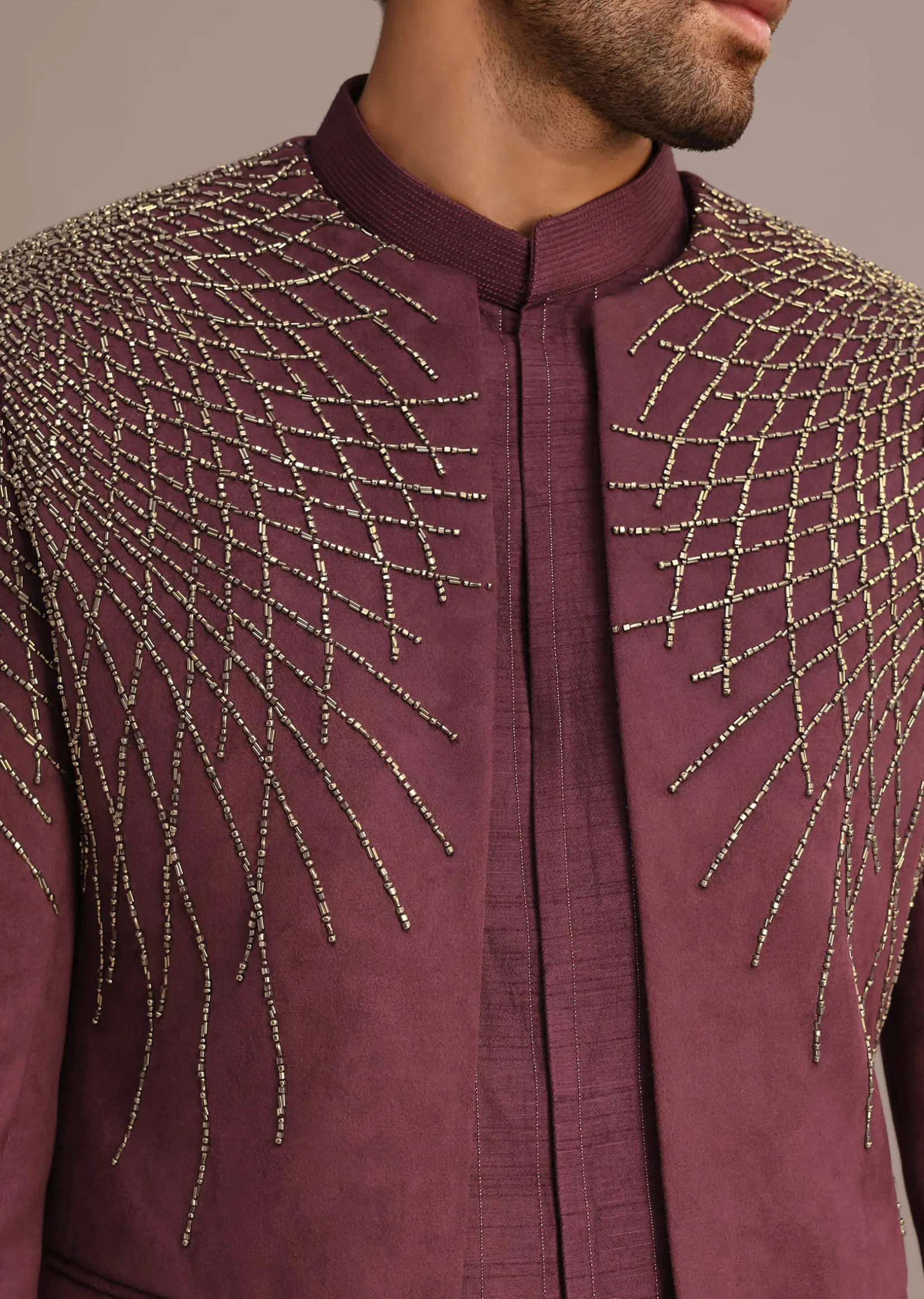Purple Jacquard Indo Western Set With Zardozi Embroidery