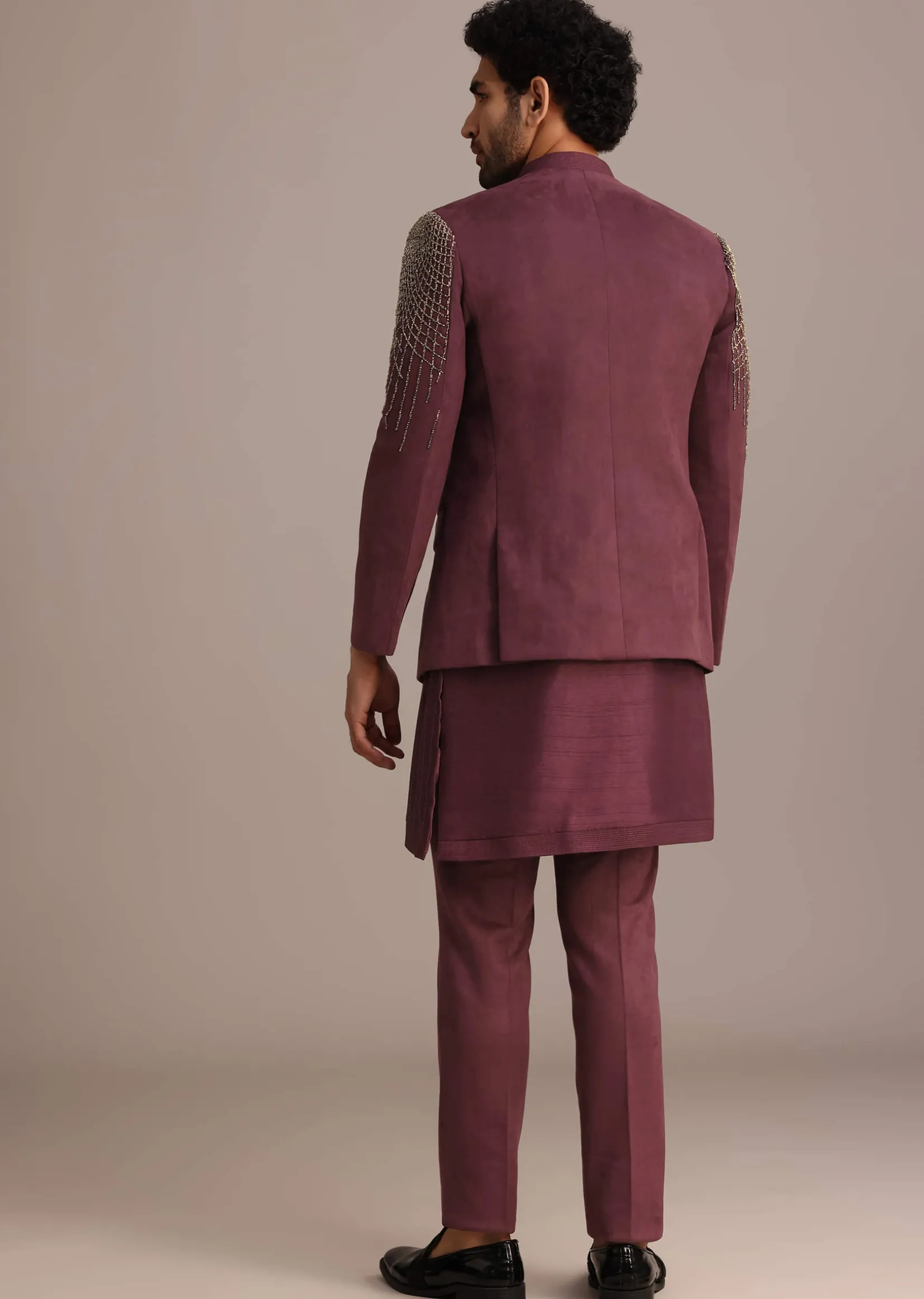 Purple Jacquard Indo Western Set With Zardozi Embroidery