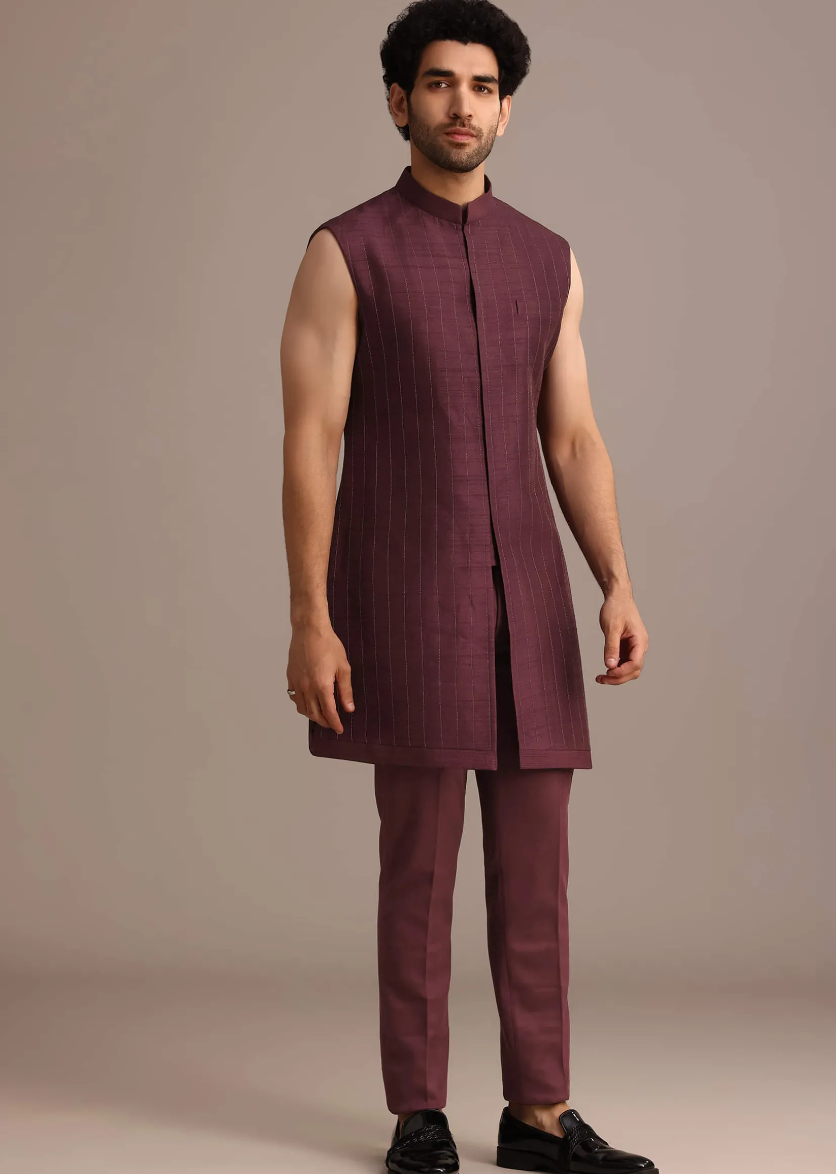 Purple Jacquard Indo Western Set With Zardozi Embroidery
