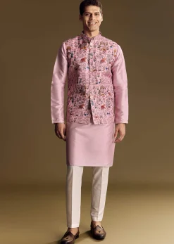 Purple Jacquard Jacket Kurta Set With Subtle Animal Motif