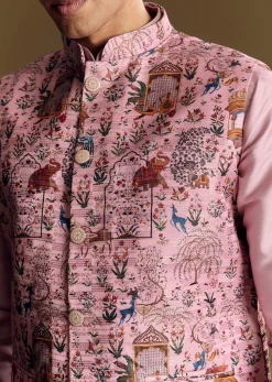 Purple Jacquard Jacket Kurta Set With Subtle Animal Motif