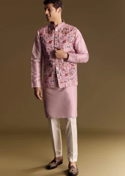 Purple Jacquard Jacket Kurta Set With Subtle Animal Motif
