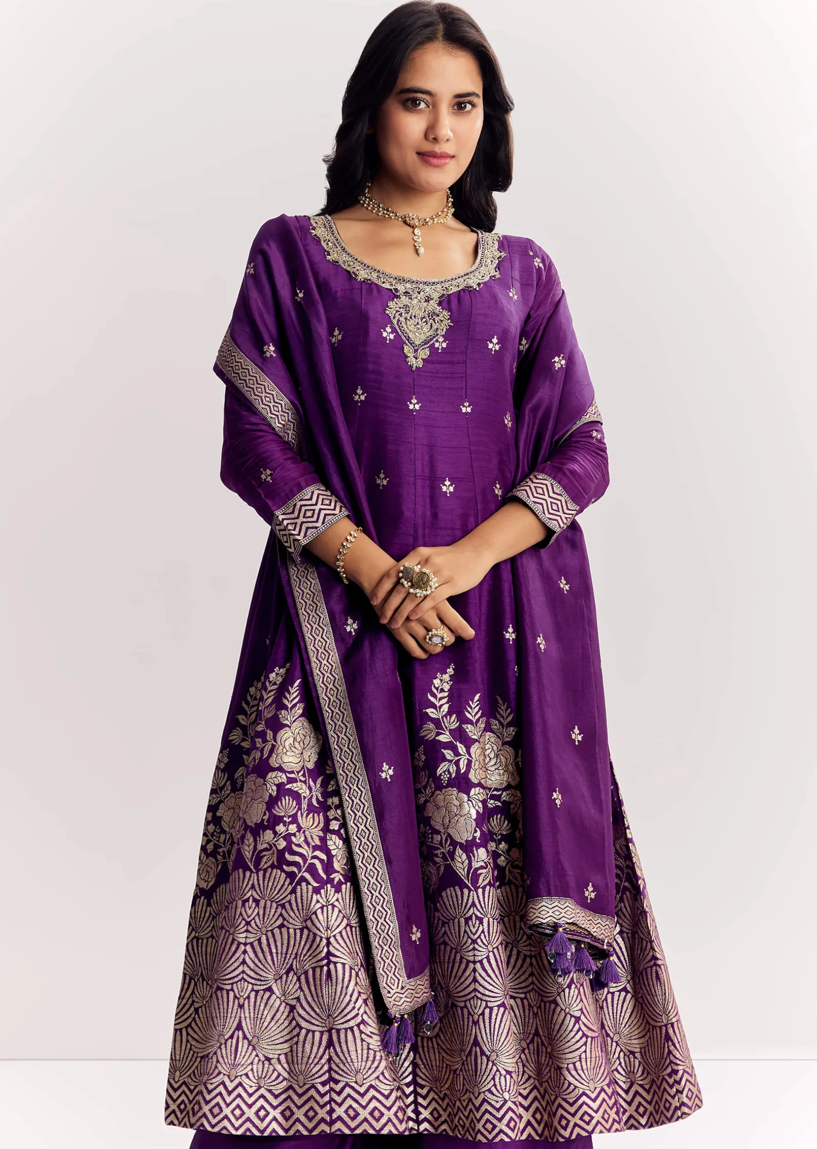 Purple Jacquard Silk Anarkali Dupatta Suit With Traditional Weave