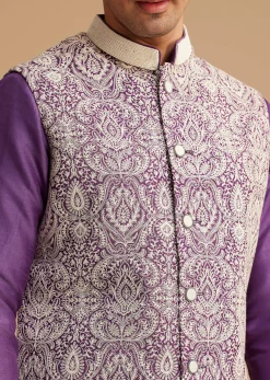 Purple Kurta Jacket Set With Resham Embroidery And Handworked Collar