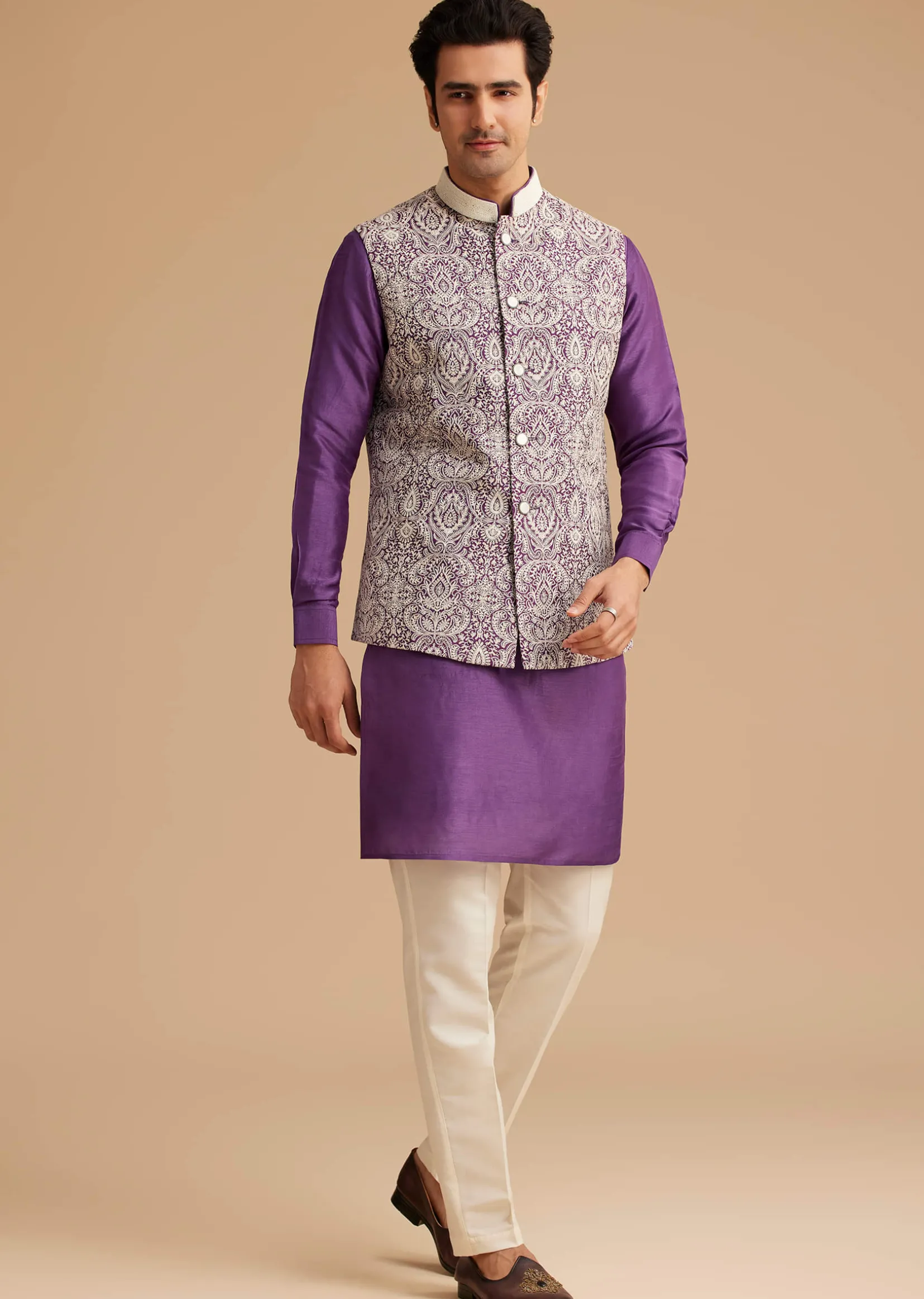Purple Kurta Jacket Set With Resham Embroidery And Handworked Collar