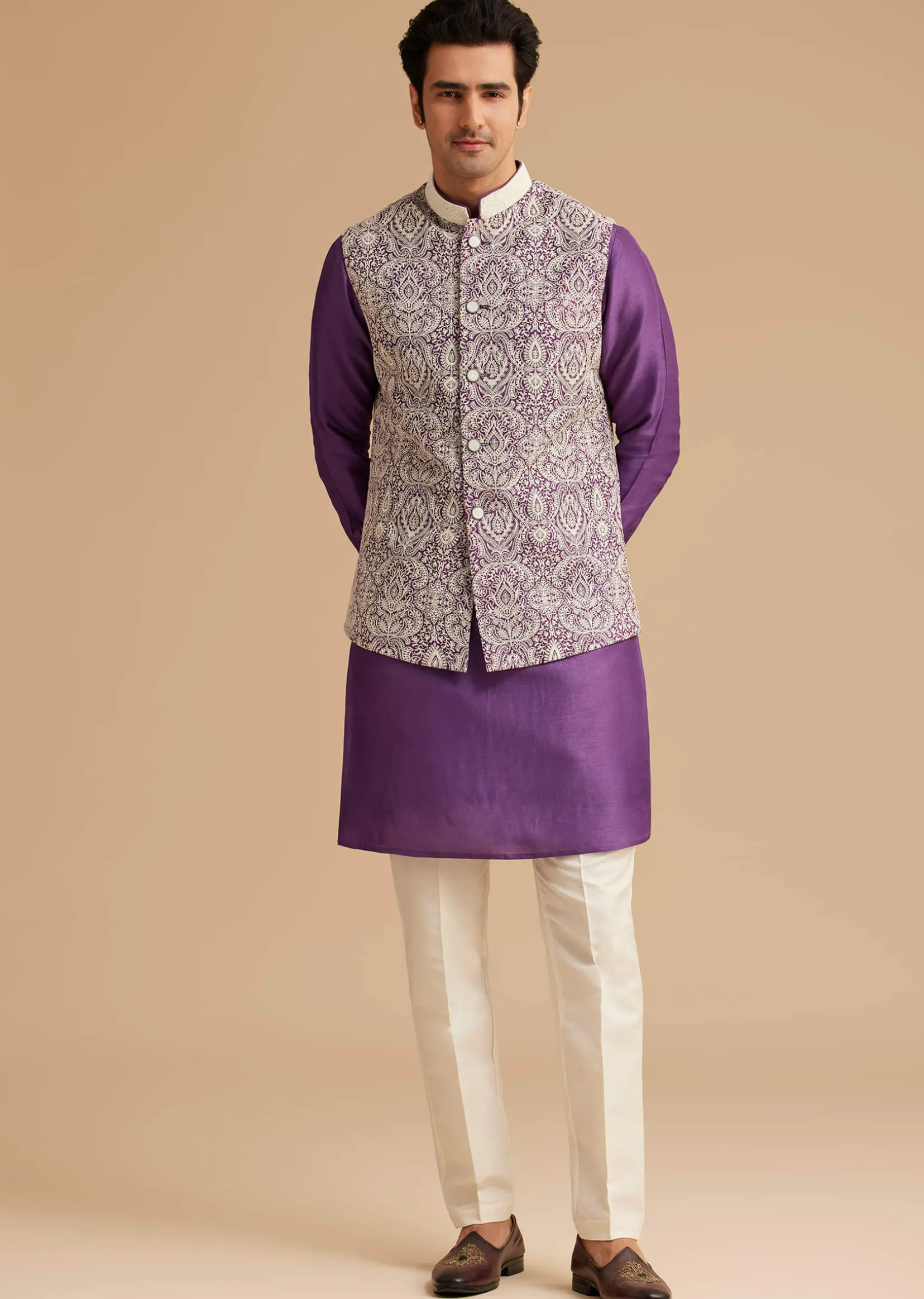 Purple Kurta Jacket Set With Resham Embroidery And Handworked Collar