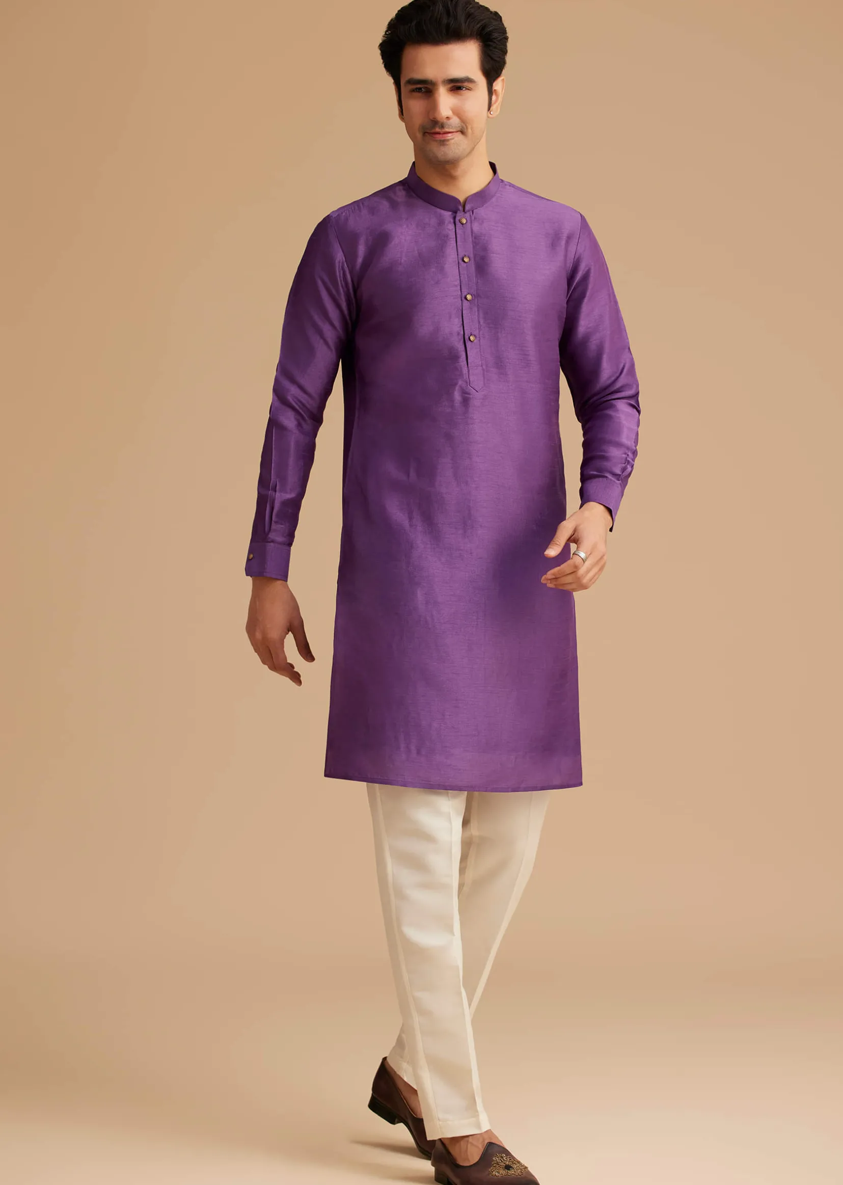 Purple Kurta Jacket Set With Resham Embroidery And Handworked Collar