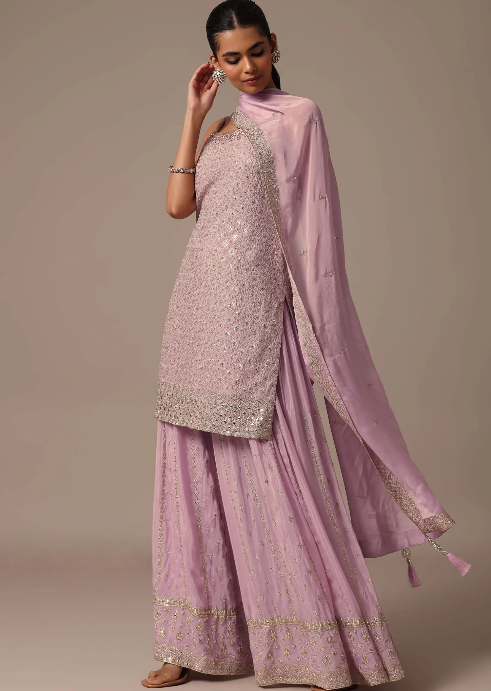 Purple Kurta Palazzo Set With Dupatta In Zari Work