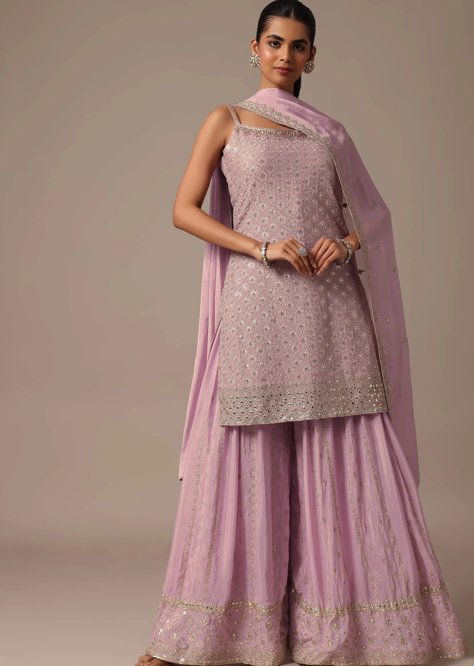 Purple Kurta Palazzo Set With Dupatta In Zari Work