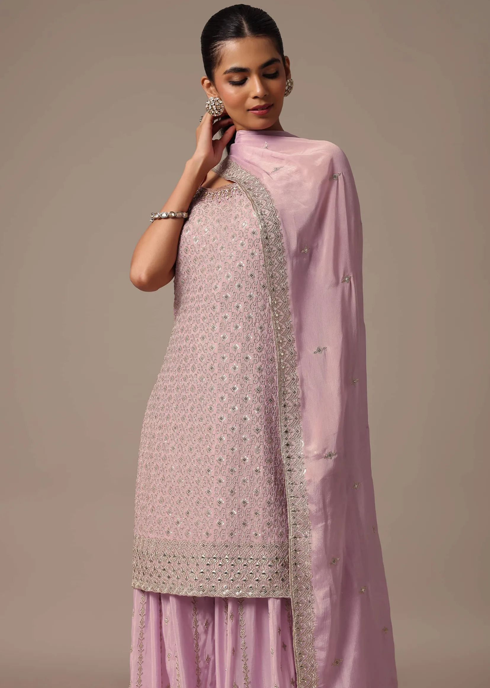 Purple Kurta Palazzo Set With Dupatta In Zari Work
