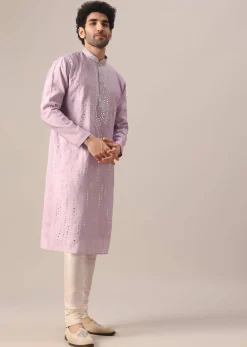 Purple Kurta With Churidar In Art Silk With Mirror Embellishments