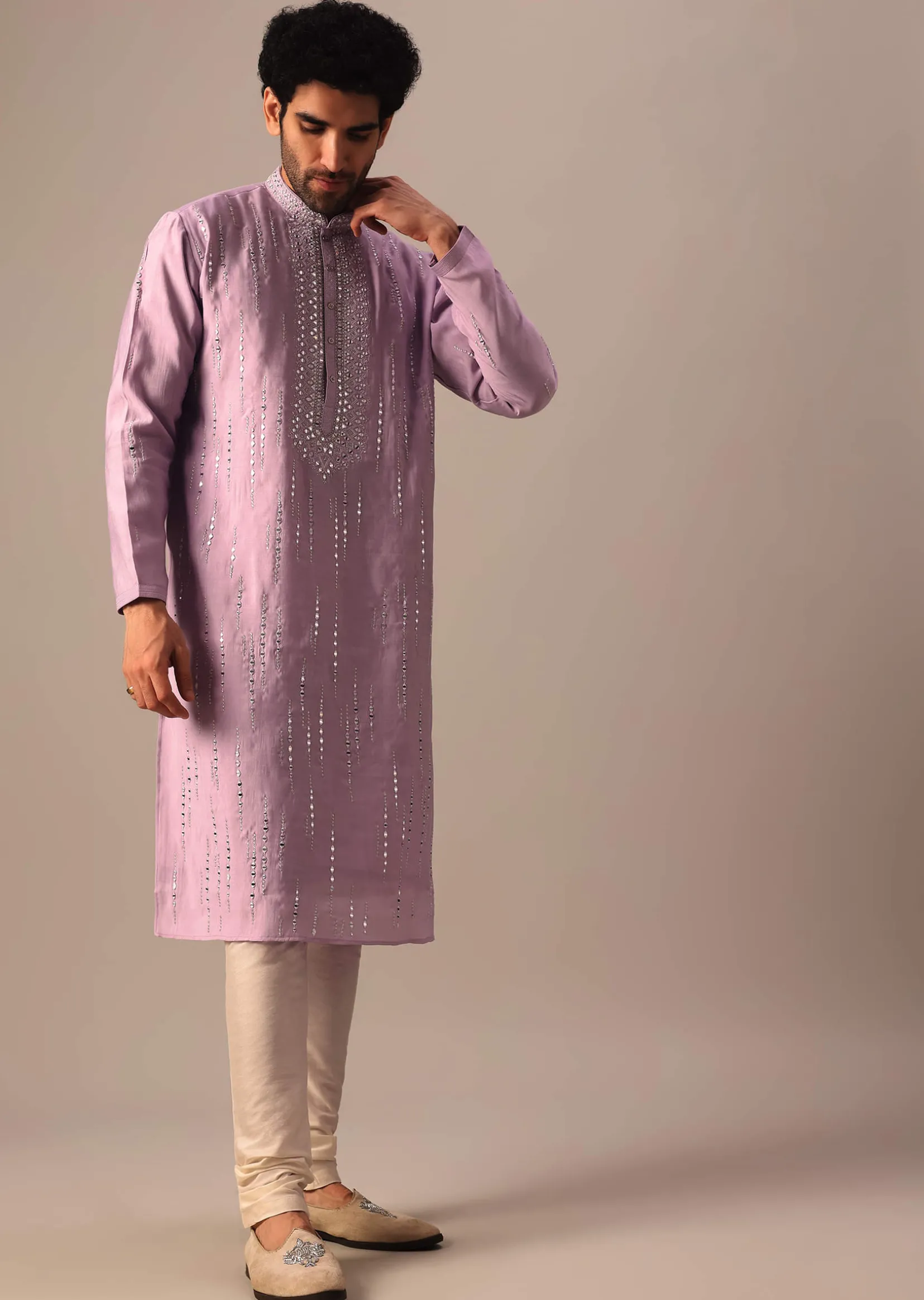 Purple Kurta With Churidar In Art Silk With Mirror Embellishments