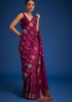 Purple Leaf woven Saree With Linear Pattern Accents