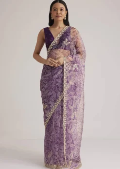 Purple Leafy Printed Organza Saree With Embroidered Scallop Border