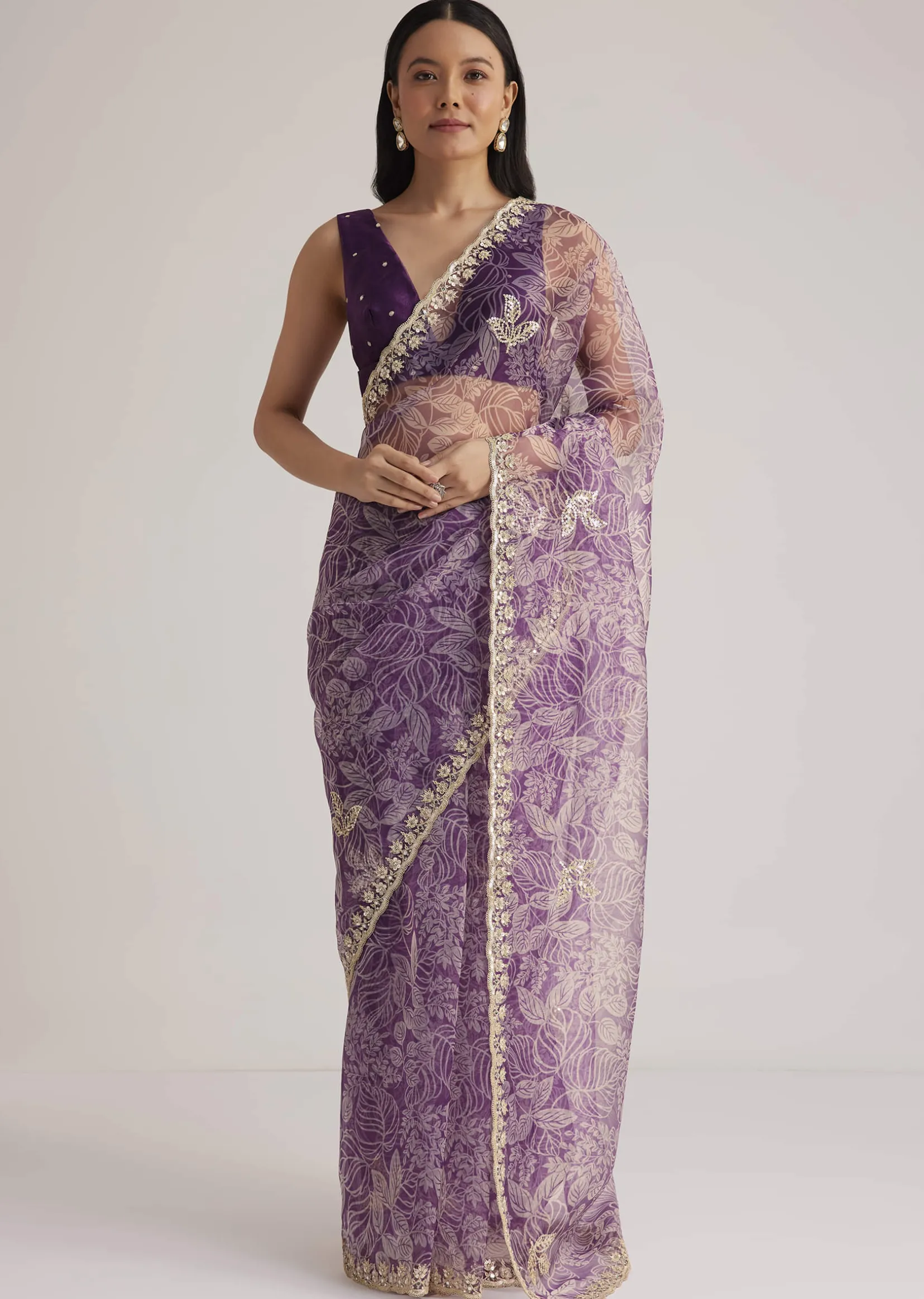 Purple Leafy Printed Organza Saree With Embroidered Scallop Border