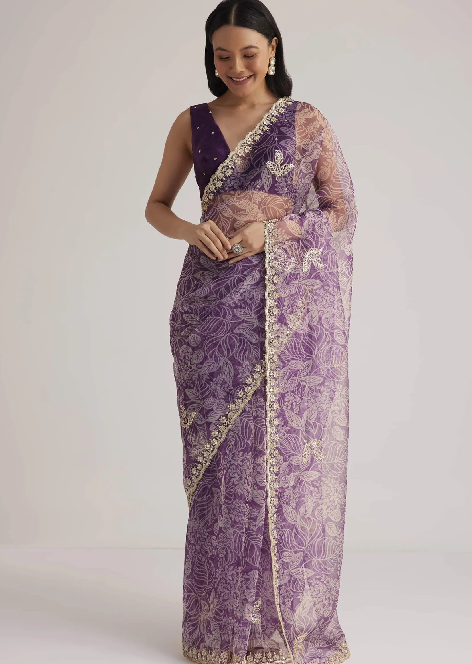 Purple Leafy Printed Organza Saree With Embroidered Scallop Border