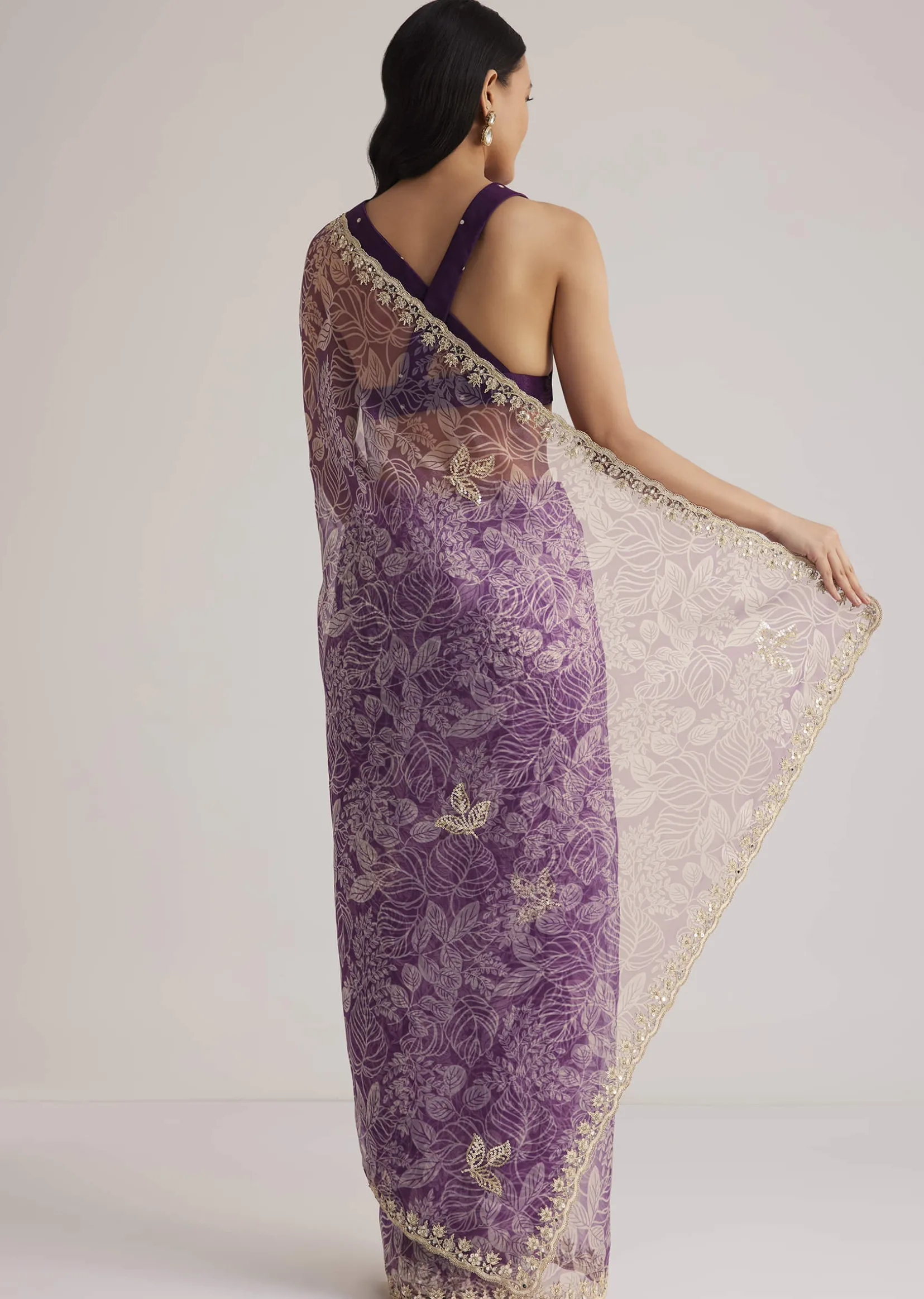 Purple Leafy Printed Organza Saree With Embroidered Scallop Border