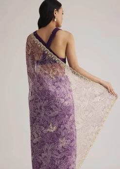 Purple Leafy Printed Organza Saree With Embroidered Scallop Border
