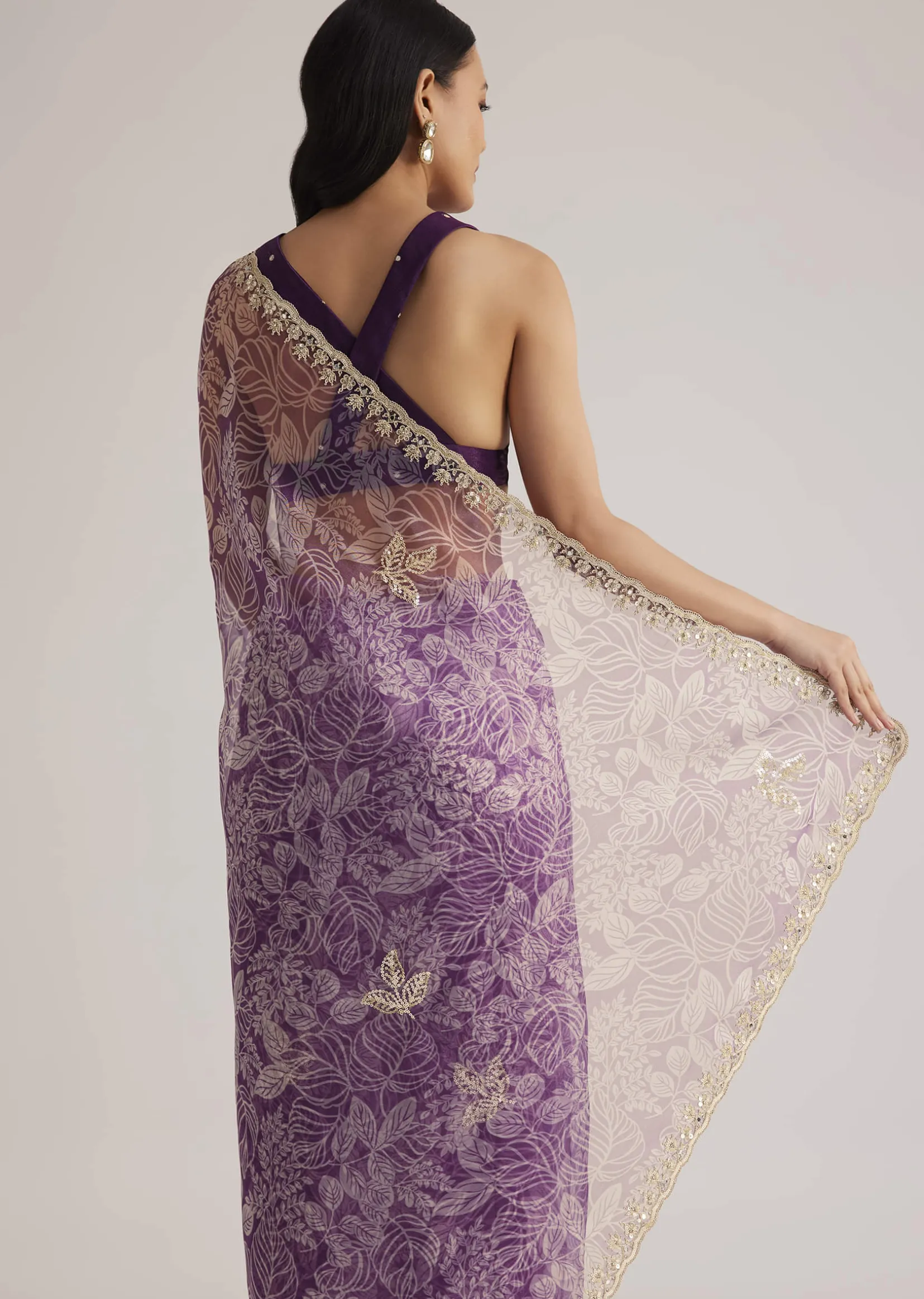 Purple Leafy Printed Organza Saree With Embroidered Scallop Border