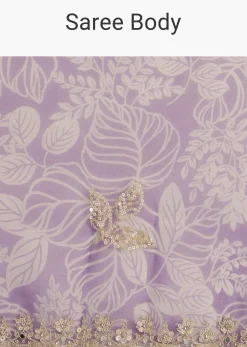 Purple Leafy Printed Organza Saree With Embroidered Scallop Border