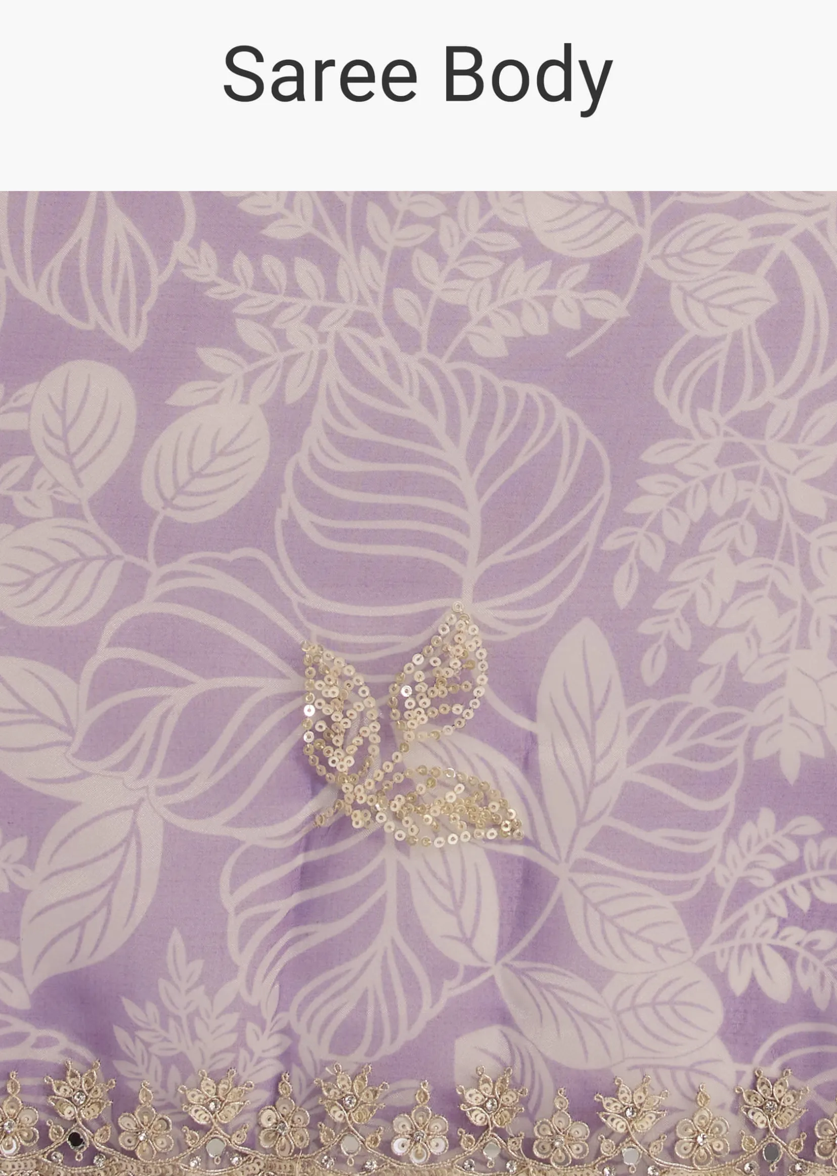 Purple Leafy Printed Organza Saree With Embroidered Scallop Border