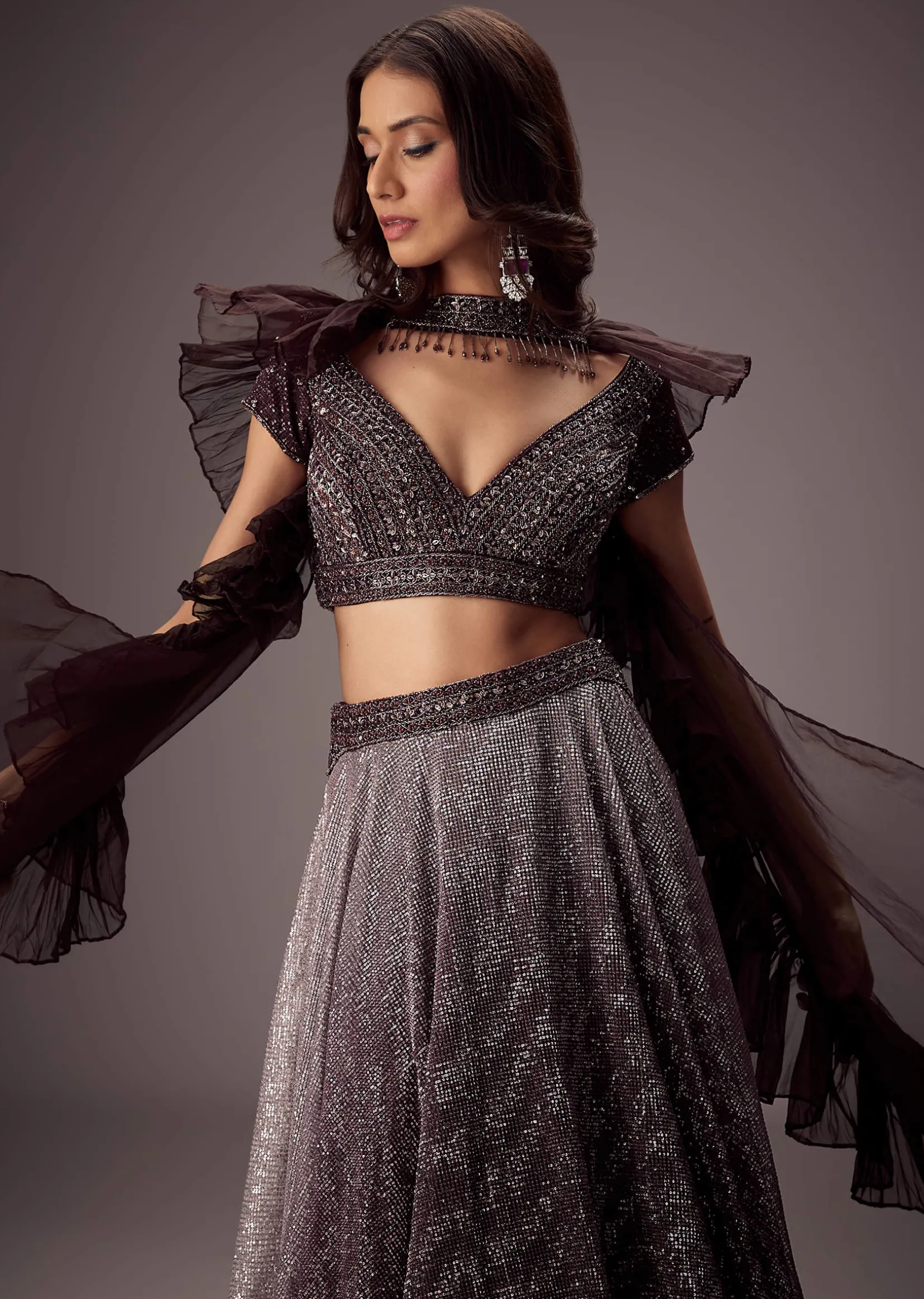 Purple Lehenga Set With Choker Style Dupatta And Flared Organza Skirt