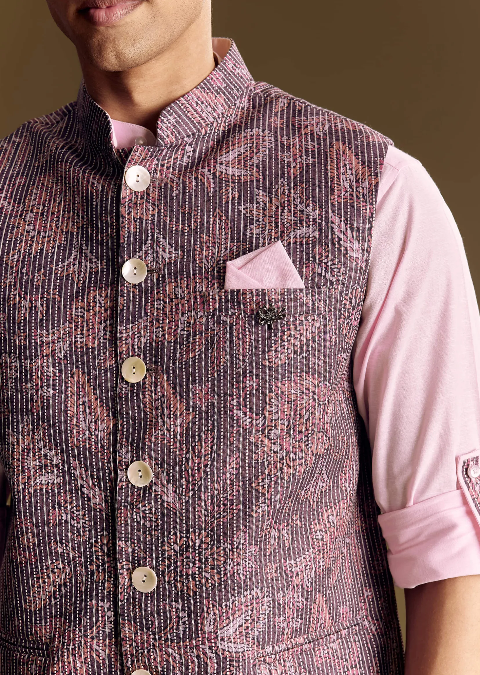 Purple Linen Jacket and Shirt Featuring Floral Kantha Detailing