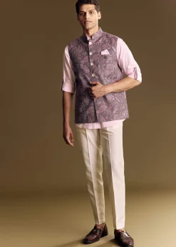 Purple Linen Jacket and Shirt Featuring Floral Kantha Detailing