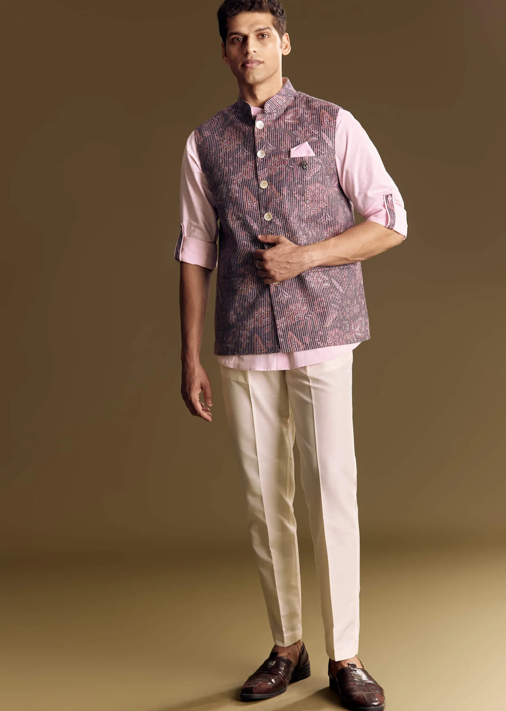 Purple Linen Jacket and Shirt Featuring Floral Kantha Detailing