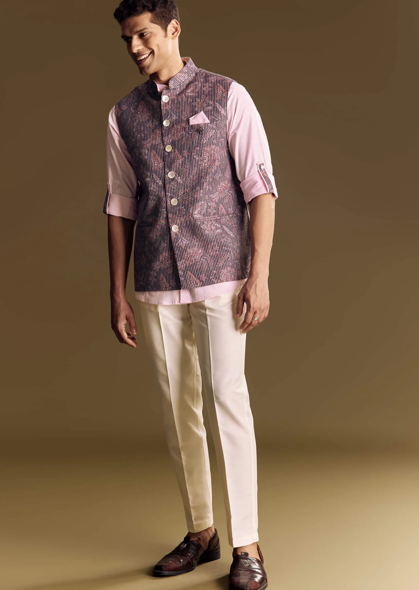 Purple Linen Jacket and Shirt Featuring Floral Kantha Detailing