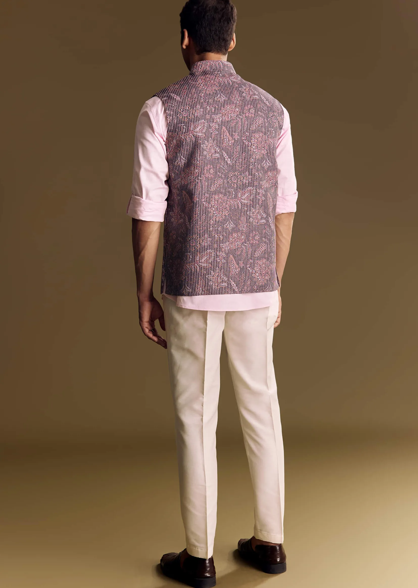Purple Linen Jacket and Shirt Featuring Floral Kantha Detailing