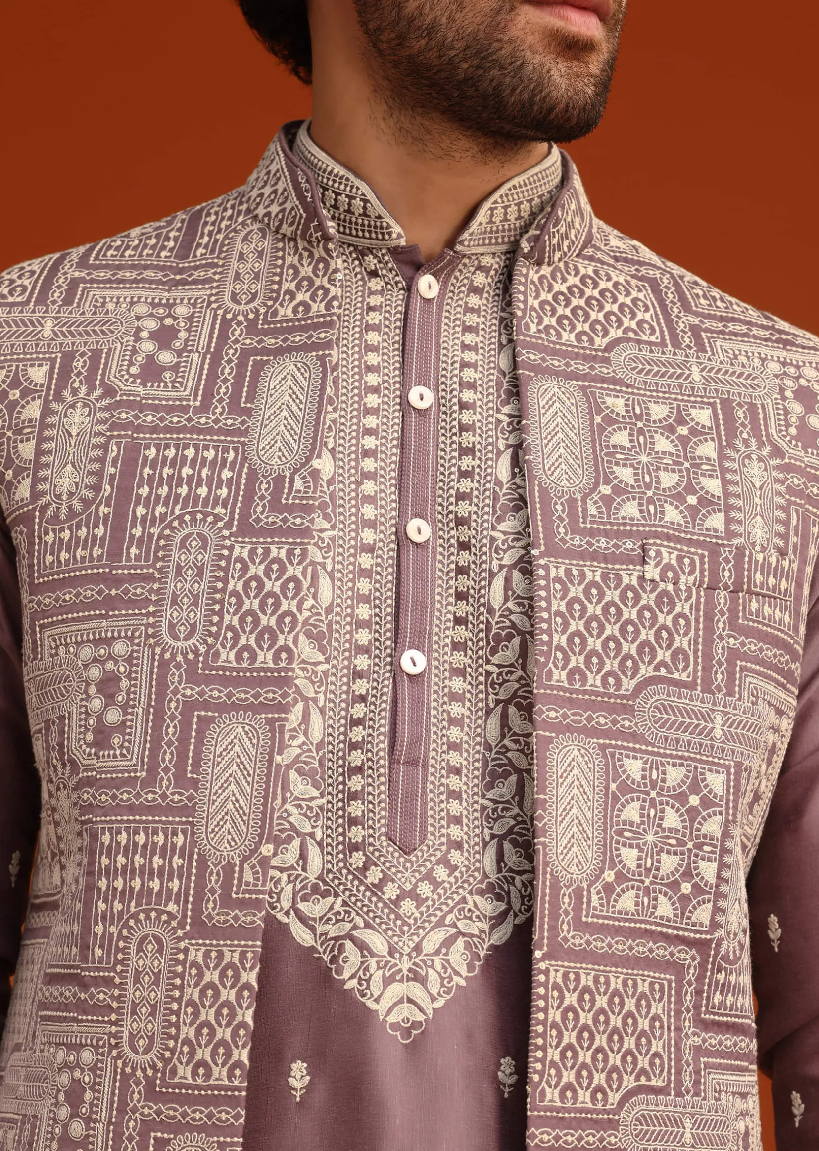 Purple Linen Satin Embroidered Jacket Kurta Set