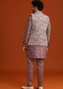 Purple Linen Satin Embroidered Jacket Kurta Set