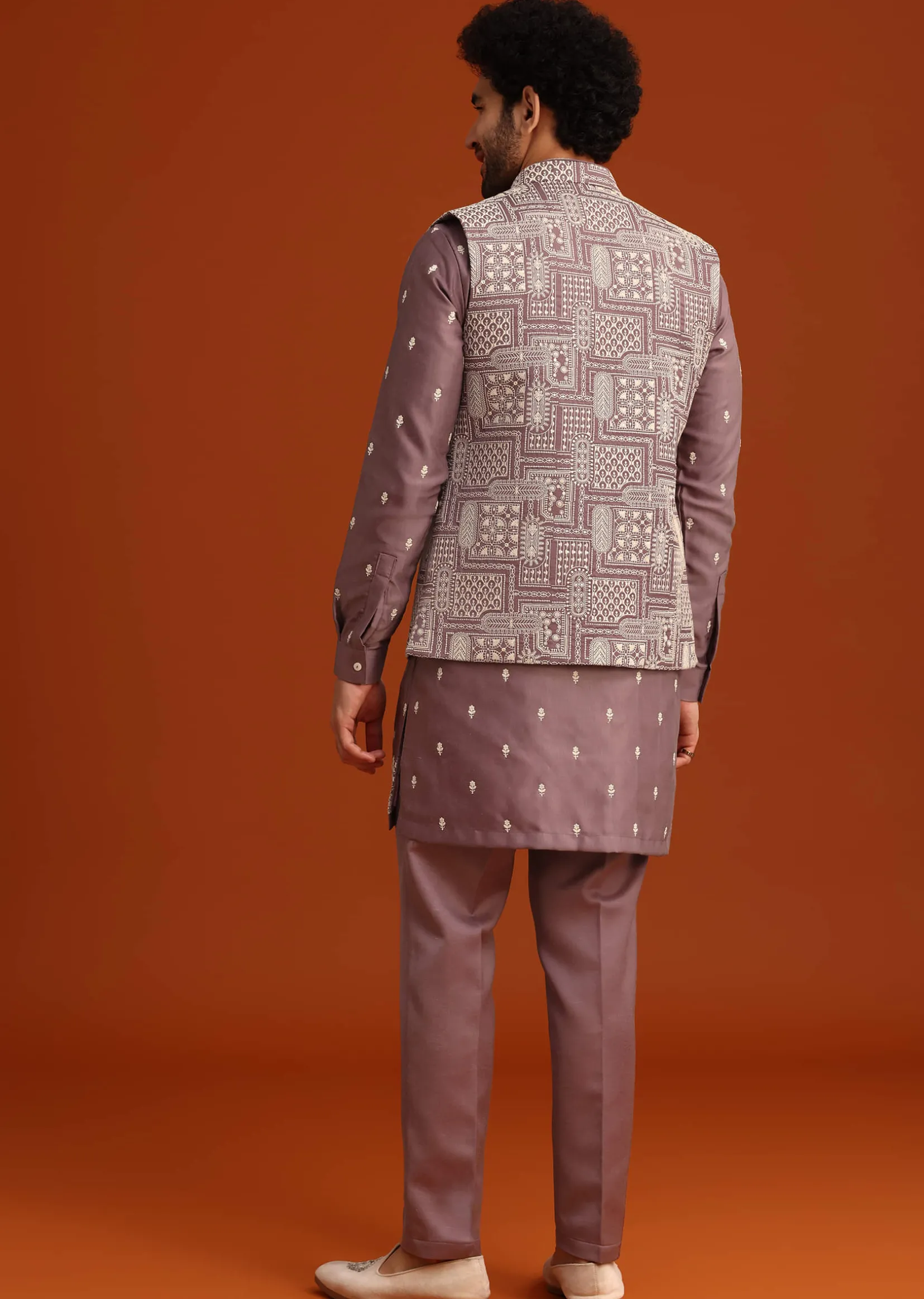 Purple Linen Satin Embroidered Jacket Kurta Set