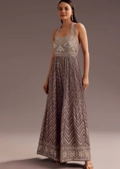 Purple Mirror Cutdana Work Halter Neck Jumpsuit