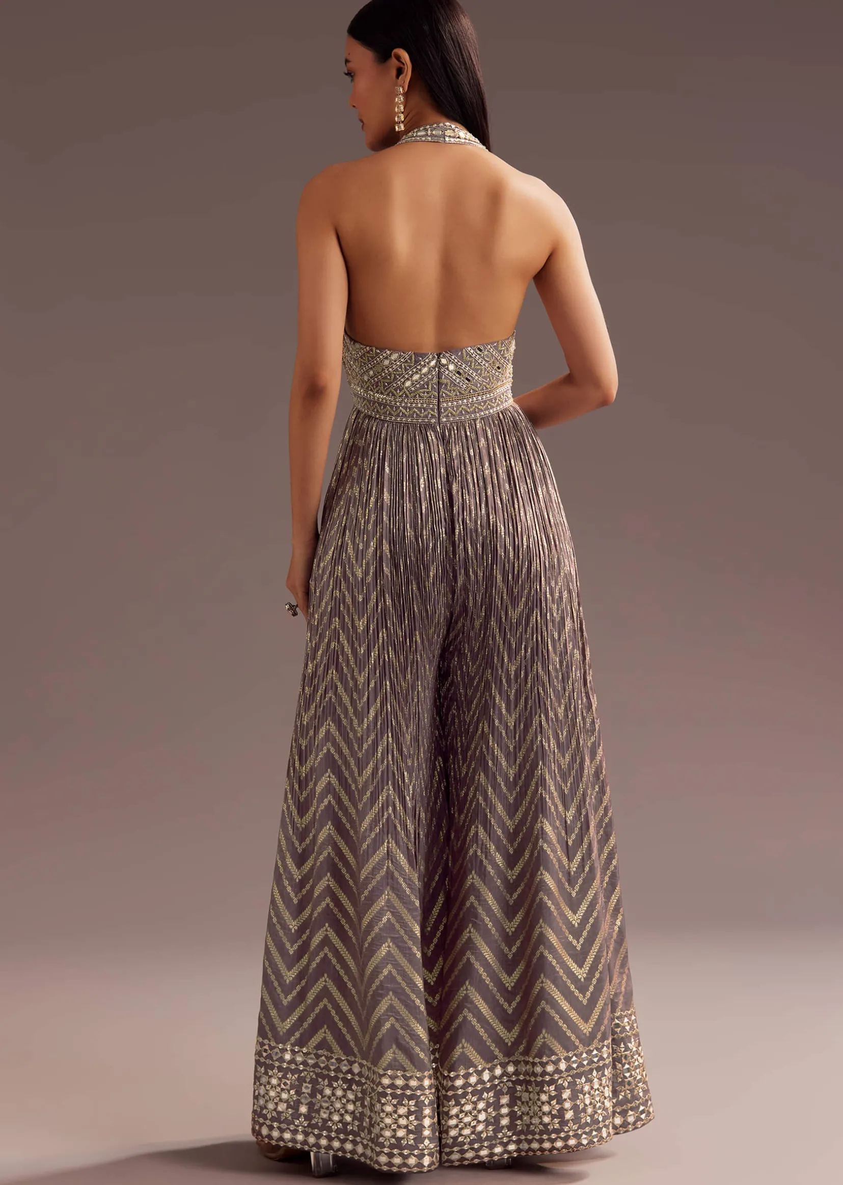 Purple Mirror Cutdana Work Halter Neck Jumpsuit