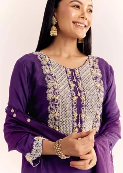 Purple Moti Threadwork Dola Silk Sharara Suit With Organza Dupatta